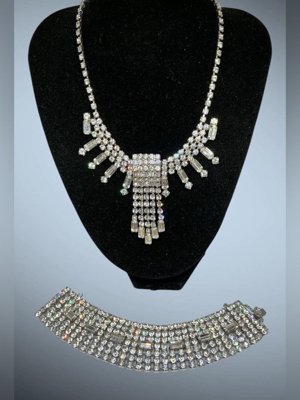 Weiss Crystal Rhinestone Bib Necklace & Wide Bracelet Demi Parure Set, 1950s